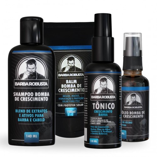 Kit Para Barba - Shampoo + Balm + Óleo + Tônico para Crescer Barba - Barba Robusta