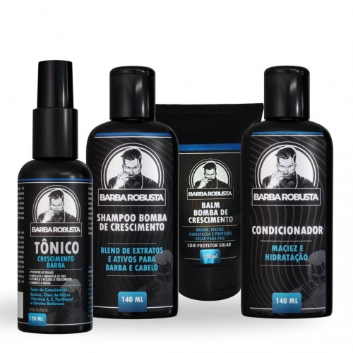 Kit Para Barba - Shampoo + Condicionador + Balm + Tônico para Crescer Barba - Barba Robusta