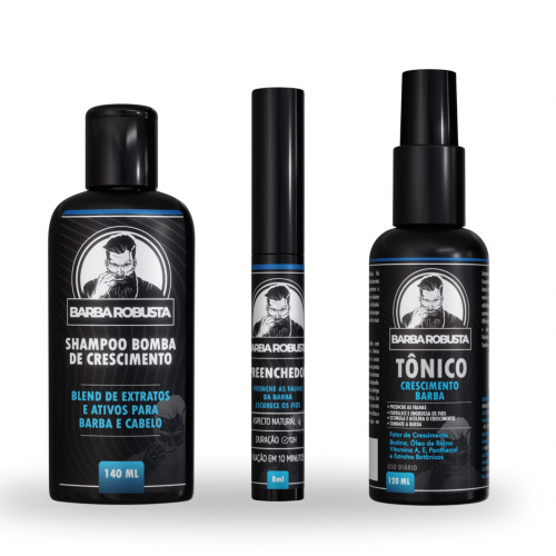 Kit Para Barba - Shampoo + Preenchedor de Falhas e Escurecedor + Tônico Crescimento Barba Robusta