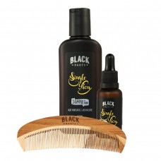 Kit Shampoo + Óleo de Barba + Pente de Madeira Curvo Artesanal Black Barts