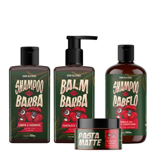 Kit para Barba e Cabelo - Shampoo e Balm para Barba + Shampo 2x1 e Pomada Cabelo Don Alcides Guaraná