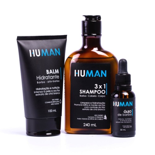 Kit para Barba Human - Shampoo 3 em 1 + Balm Hidratante + Óleo de Barba 30ml