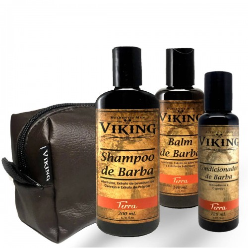 Kit para Barba Shampoo + Condicionador + Balm de Barba Viking Terra + Necessaire Grátis