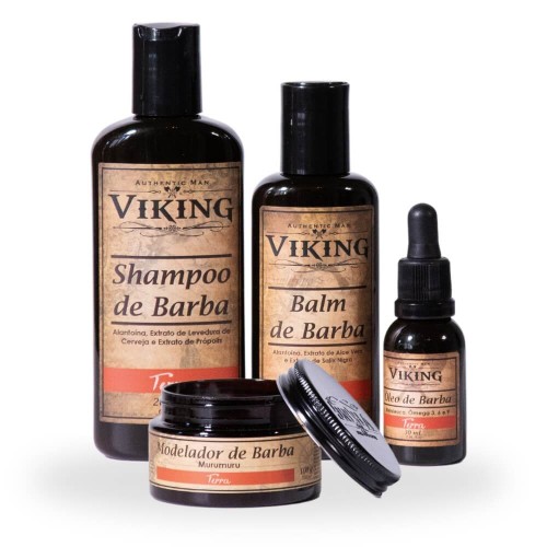 Kit para Barba - Shampoo + Balm + Óleo + Modelador de Barba Viking Terra